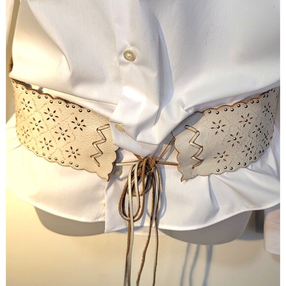 Trio of Boho Tie Back Belts White Cutout Studded Leather, Macrame and Denim main image 6